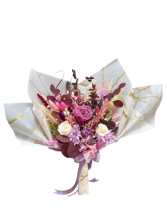 Magazin - Buchet cu trandafiri, hortensie criogenată si plante stabilizate