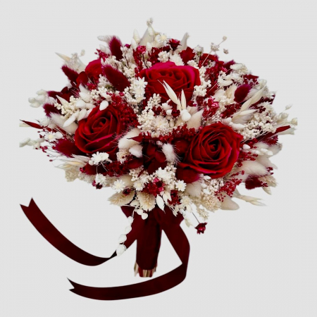 Buchete Cadou - Buchet cu trandafiri si mix flori uscate , personalizabil, ideal pentru cununie civilă, nuntă, mireasă, nasa  sau cadou, alb-grena
