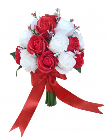 Buchete cu flori din foita de sapun - Buchet de Flori EVENTISSIMI - 27 Trandafiri, Alb/Rosu