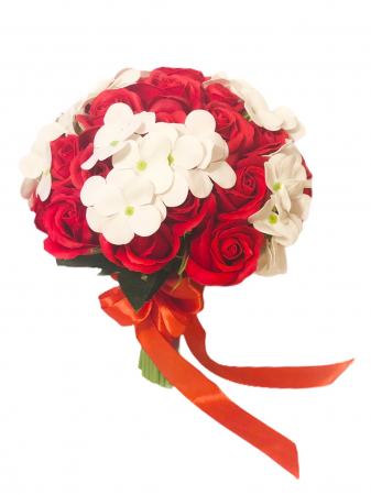 Buchete cu flori din foita de sapun - Buchet de Flori Eventissimi - 29 Trandafiri si 4 hortensii, Rosu/Alb