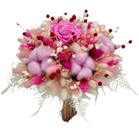 Buchete cu flori criogenate - Buchet de flori ciogenate, roz intens ,bumbac si mix plante naturale uscate