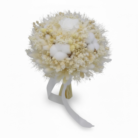 Buchete cu plante uscate - Buchet de mireasa  alb , din flori criogenate, bumbac si plante naturale uscate