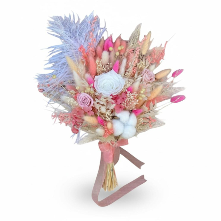 Buchete cu flori criogenate - Buchet Diafan Evantai cu Trandafiri Criogenati, Bumbac, Pene Elegante si Plante Naturale Uscate – Rezistent Pana la 10 Ani