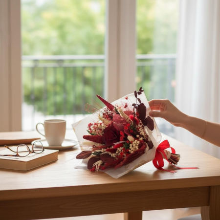 Buchet din flori naturale uscate și stabilizate, alb - rosu [1]