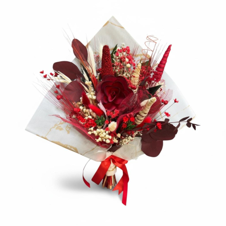 Magazin - Buchet din flori naturale uscate și stabilizate, alb - rosu