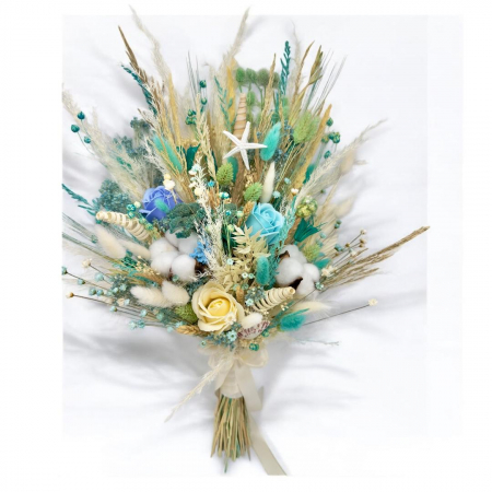 Buchete Cadou - Buchet evantai cu mix de flori naturale uscate, trandafiri si bumbac , alb-blue, ideal pentru nasa, cununie civila sau cadou