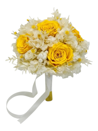 Buchete cu flori criogenate - Buchet flori criogenate cu trandafiri, hortensie, plante stabilizate delicate, alb-galben, ideal pentru nunta sau cadou