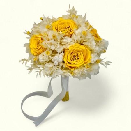 Buchete cu flori criogenate - Buchet flori criogenate cu trandafiri, hortensie, plante stabilizate delicate, alb-galben, ideal pentru nunta sau cadou