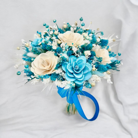 Buchete Cadou - Buchet flori de camp , personalizabil, ideal pentru cununie civilă, nuntă, mireasă, nasa  sau cadou, alb-blue