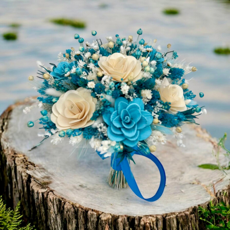 Buchet flori de camp , personalizabil, ideal pentru cununie civilă, nuntă, mireasă, nasa  sau cadou, alb-blue [2]