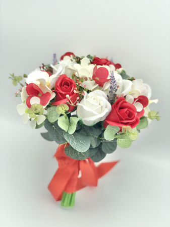 Buchet mediu personalizabil cu trandafiri, hortensii si orhidee (Alb, Rosu) [3]
