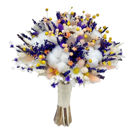 Buchete Cadou - Buchet flori de camp , personalizabil, ideal pentru cununie civilă, nuntă, mireasă, nasa  sau cadou, alb-mov-galben