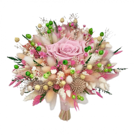 Buchete cu flori criogenate - Buchet flori naturale uscate și trandafir criogenat XL, personalizabil, ideal pentru cununie civilă, nuntă, mireasă sau cadou, alb-roz