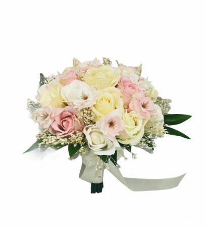 Buchet mediu personalizabil cu trandafiri, flori de cires si floarea miresei (Alb, Roz, Crem) [0]