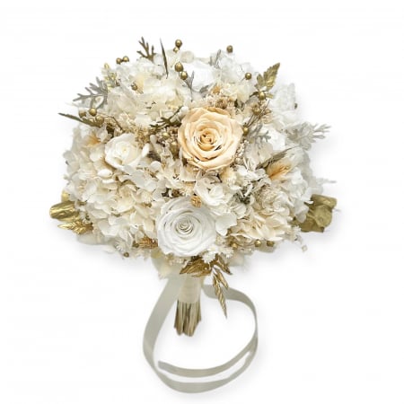 Magazin - Buchet mare mireasa cu trandafiri criogenati, hortensie criogenata si plante naturale stabilizate, alb-auriu , personalizabil cromatic