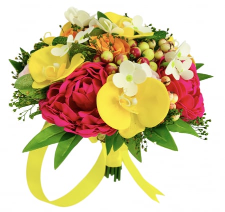 Sf. Valentin - Buchet mare personalizabil cu bujori, orhidee, trandafiri, hortensie, frunze si plante uscate (Multicolor)