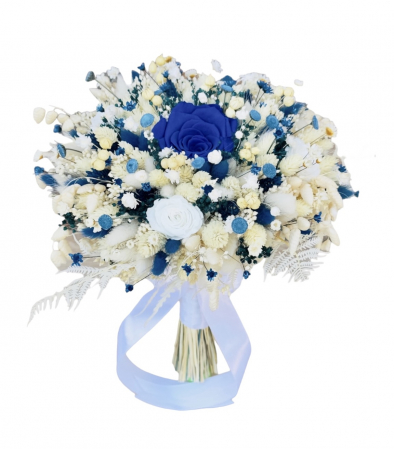 Buchete cu flori criogenate - Buchet mare personalizabil cu trandafiri criogenati, flori naturale uscate si criogenate, (Alb / Albastru)