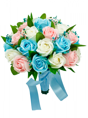 Buchete Nasa - Buchet mare personalizabil cu trandafiri, Gypsophila si frunze (Bleu, Multicolor)