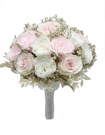 Buchete Cadou - Buchet mare personalizabil cu trandafiri naturali criogenati, floarea miresei naturala uscata si frunze de ruscus naturale criogenate, (Alb / Roz)