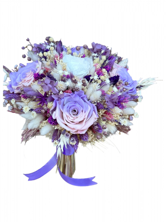 Buchete cu flori criogenate - Buchet mare personalizabil cu trandafiri naturali criogenati si flori naturale uscate si criogenate, (Lila / Mov / Alb)