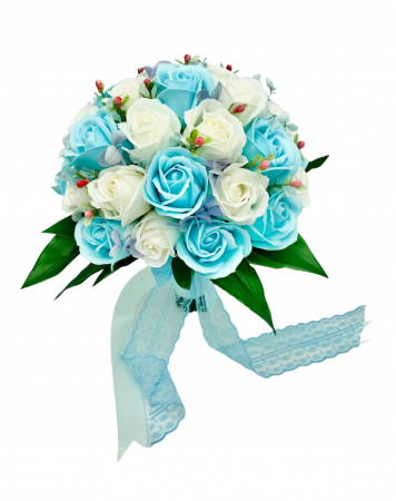 Dragobete - Buchet mare personalizabil cu trandafiri, plante decorative si hortensii (Alb, Bleu)