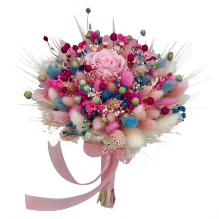Buchete cu flori criogenate - Buchet mediu cu trandafir criogenat central si mix de flori naturale uscate, multicolor