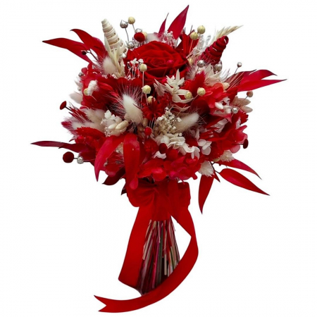 Buchete cu flori criogenate - Buchet rosu personalizabil cu flori criogenate si naturale uscate