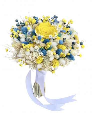 Buchete cu flori criogenate - Buchet mediu personalizabil cu trandafir criogenat si flori uscate (Alb, Galben)