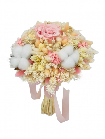 Buchete cu flori criogenate - Buchet mediu personalizabil cu trandafiri, bumbac si flori uscate (Roz / Ivory)