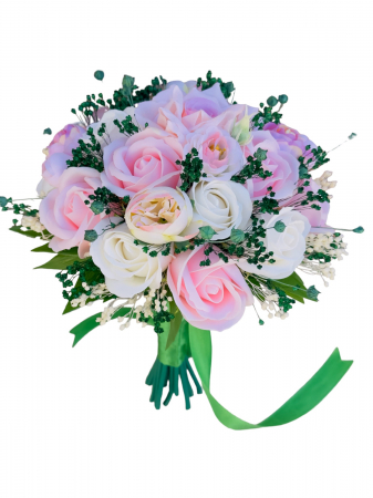 Buchete Nasa - Buchet mediu personalizabil cu trandafiri, mini bujori si floarea miresei (Alb, Roz, Verde)