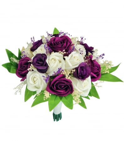 Dragobete - Buchet mediu personalizabil cu trandafiri si floarea miresei (Violet, Alb)