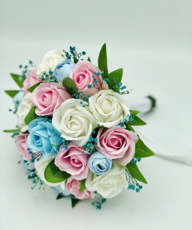 Buchet mediu personalizabil cu trandafiri, mini bujori si floarea miresei (Bleu, Multicolor) [2]