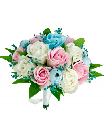 Buchet mediu personalizabil cu trandafiri, mini bujori si floarea miresei (Bleu, Multicolor) [0]