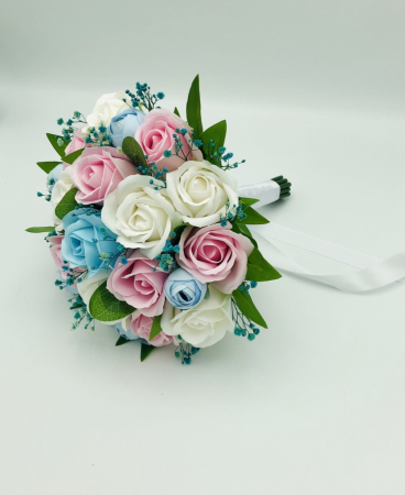 Buchet mediu personalizabil cu trandafiri, mini bujori si floarea miresei (Bleu, Multicolor) [3]