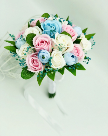 Buchet mediu personalizabil cu trandafiri, mini bujori si floarea miresei (Bleu, Multicolor) [1]