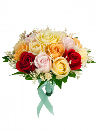 Dragobete - Buchet mediu personalizabil cu trandafiri si floarea miresei (Multicolor)