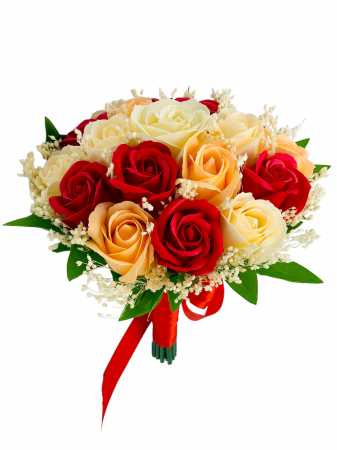 Dragobete - Buchet mediu personalizabil cu trandafiri si floarea miresei (Multicolor)