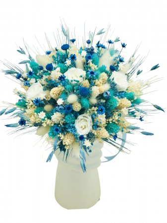 Buchet mediu personalizabil cu trandafiri si flori uscate (Bleu, Alb) [0]