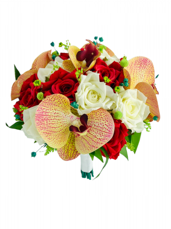 Buchete cu flori din matase - Buchet mediu personalizabil cu trandafiri si orhidee (Alb, Rosu)