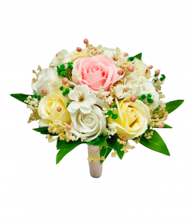 Buchete cu flori din foita de sapun - Buchet mic personalizabil cu trandafiri, floarea miresei si cires (Roz, Multicolor)