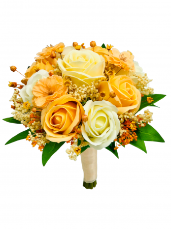 Buchete cu flori din foita de sapun - Buchet mic personalizabil cu trandafiri, floarea miresei si cires (Somon, Multicolor)