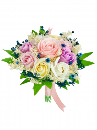 Dragobete - Buchet mic personalizabil cu trandafiri si floarea miresei (Roz, Multicolor)