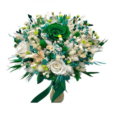Buchete cu flori criogenate - Buchet  personalizabil cu trandafirI criogenatI si flori  naturale uscate alb - verde smarald