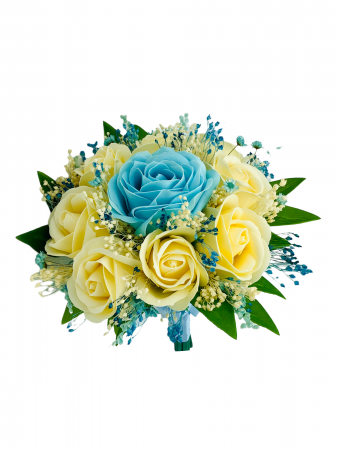 Buchete Nasa - Buchet mic personalizabil cu trandafiri si floarea miresei (Bleu, Crem)