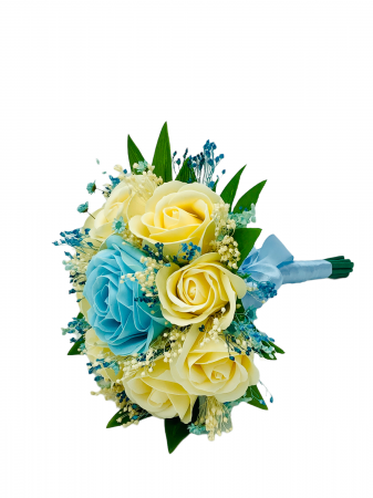 Buchet mic personalizabil cu trandafiri si floarea miresei (Bleu, Crem) [2]