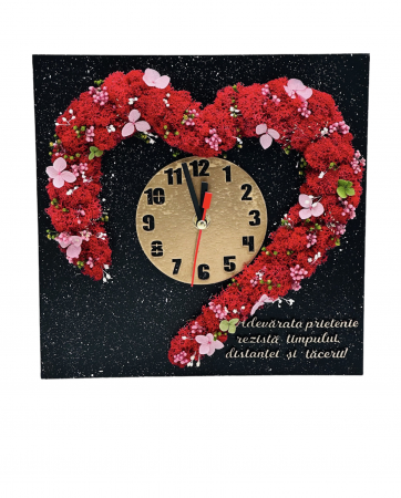 Ceas decorativ cu licheni, flori criogenate si mesaj - 25 cm x 25 cm (Negru / Rosu) [2]