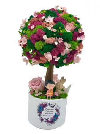 Magazin - Copacel Decorativ cu Licheni Premium și Flori Criogenate, Figurine, Trunchi Printat 3D, În Ghiveci ceramic personalizat