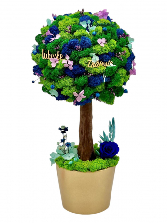 Pomisori cu licheni - Copacel Decorativ cu Licheni Premium și Flori Criogenate, Mesaj Motivațional, Trunchi Printat 3D, În Ghiveci Mocha Mousse – 38 cm