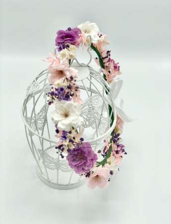 Coronita cu flori de cires alb, mov si roz cu plante naturale uscate crem [2]