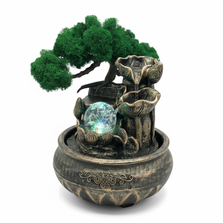 Magazin - Fantana arteziana decorativa cu bonsai licheni naturali si lumini LED – fantana zen cu apa curgatoare pentru casa, birou sau cadou elegant